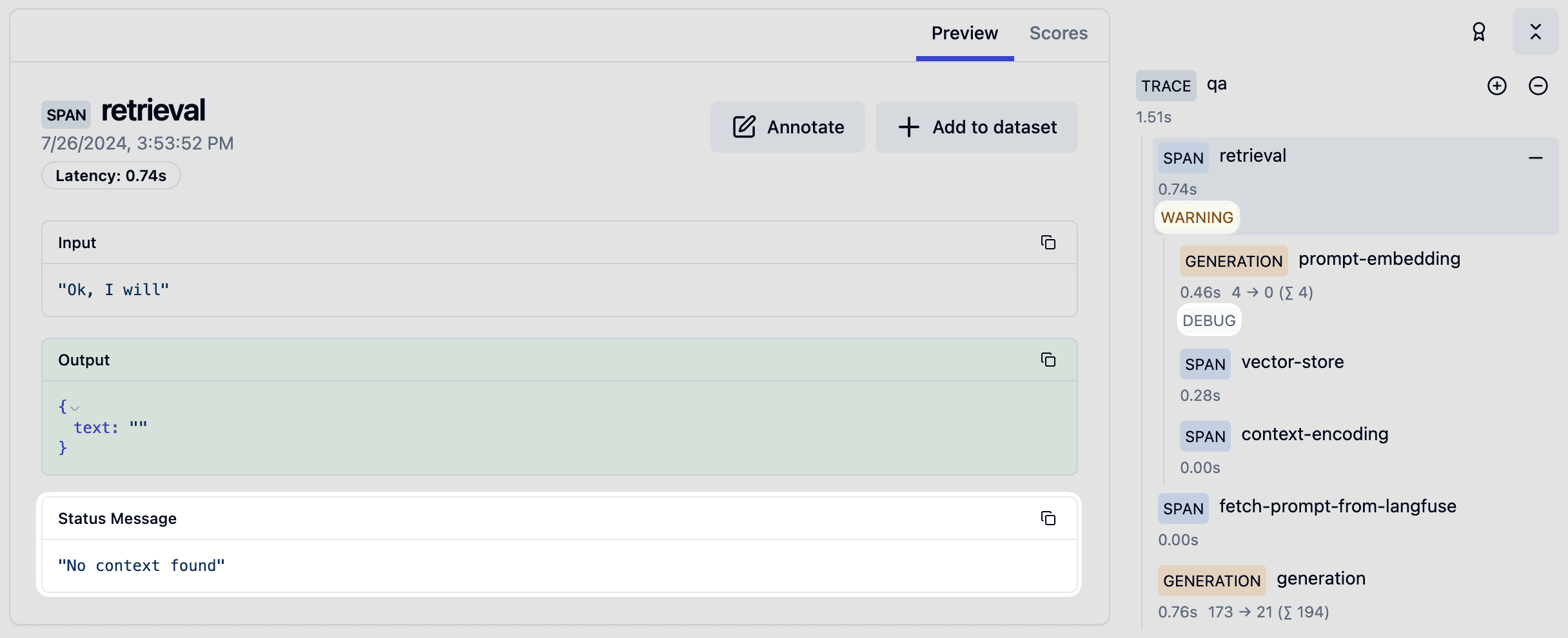 Trace log level and statusMessage